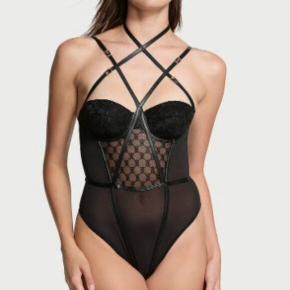 NWT Victoria's Secret Teddy Very Sexy VS Logo Balconette Faux-Leather Trim XXL - Picture 1 of 14